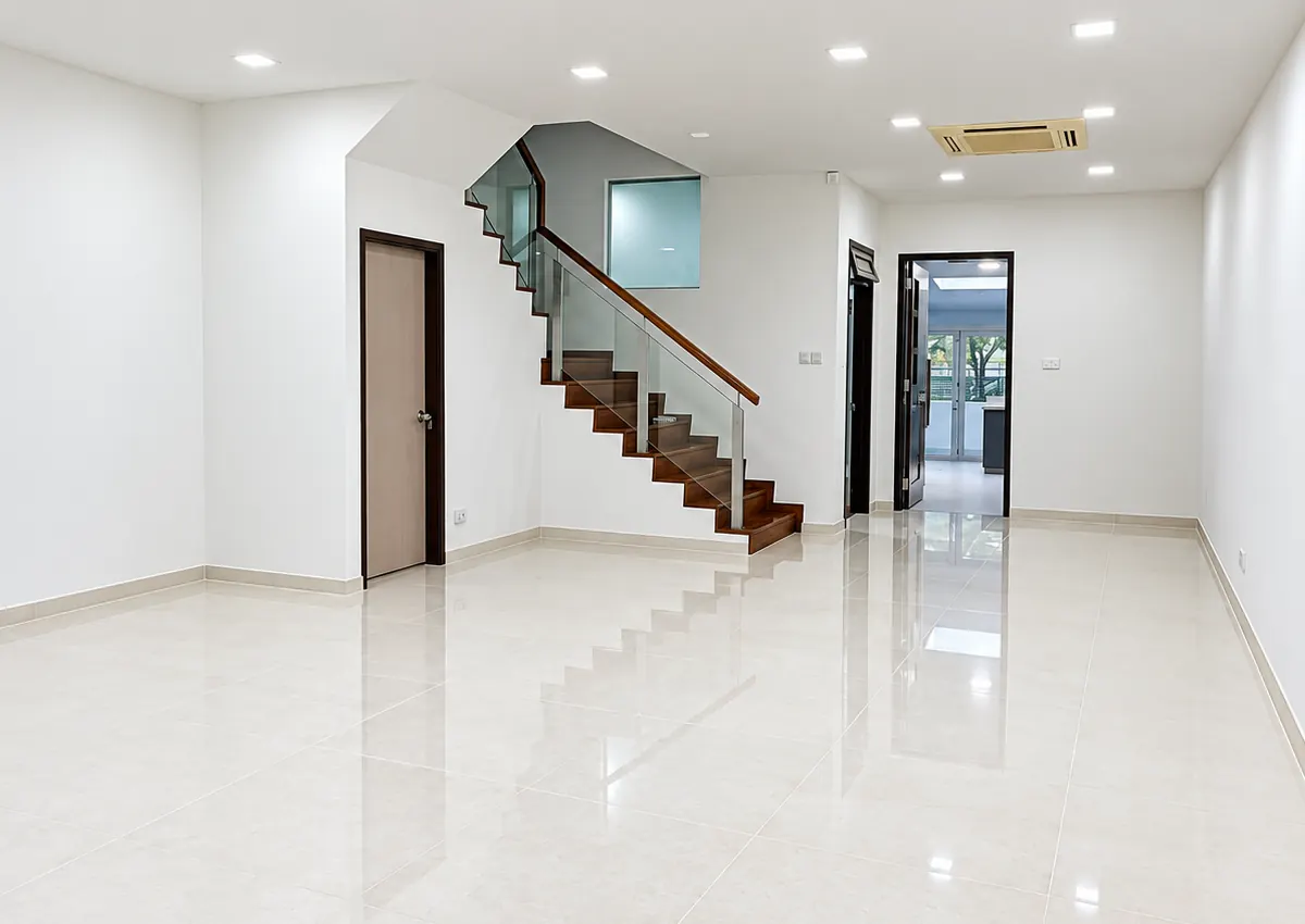 Renovated home interior with polished tiled flooring and glass staircase by NP Engineering Singapore.