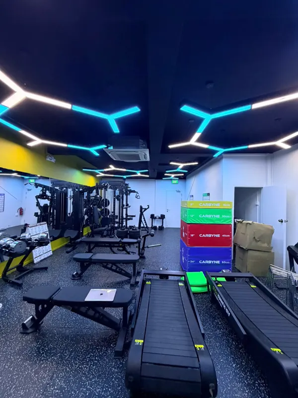Geometric ceiling lights illuminated above gym equipment at Blk 233 Lorong 8 Toa Payoh