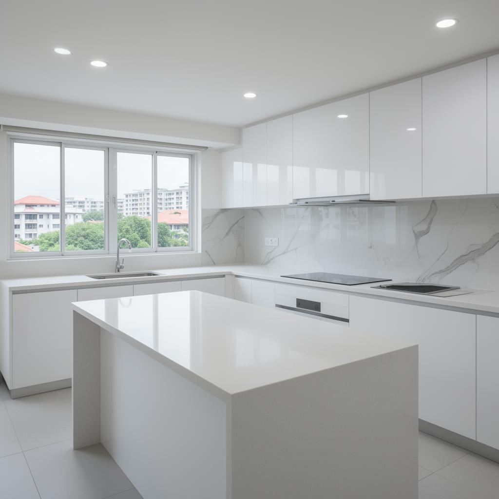 Contemporary kitchen with marble island and white cabinetry