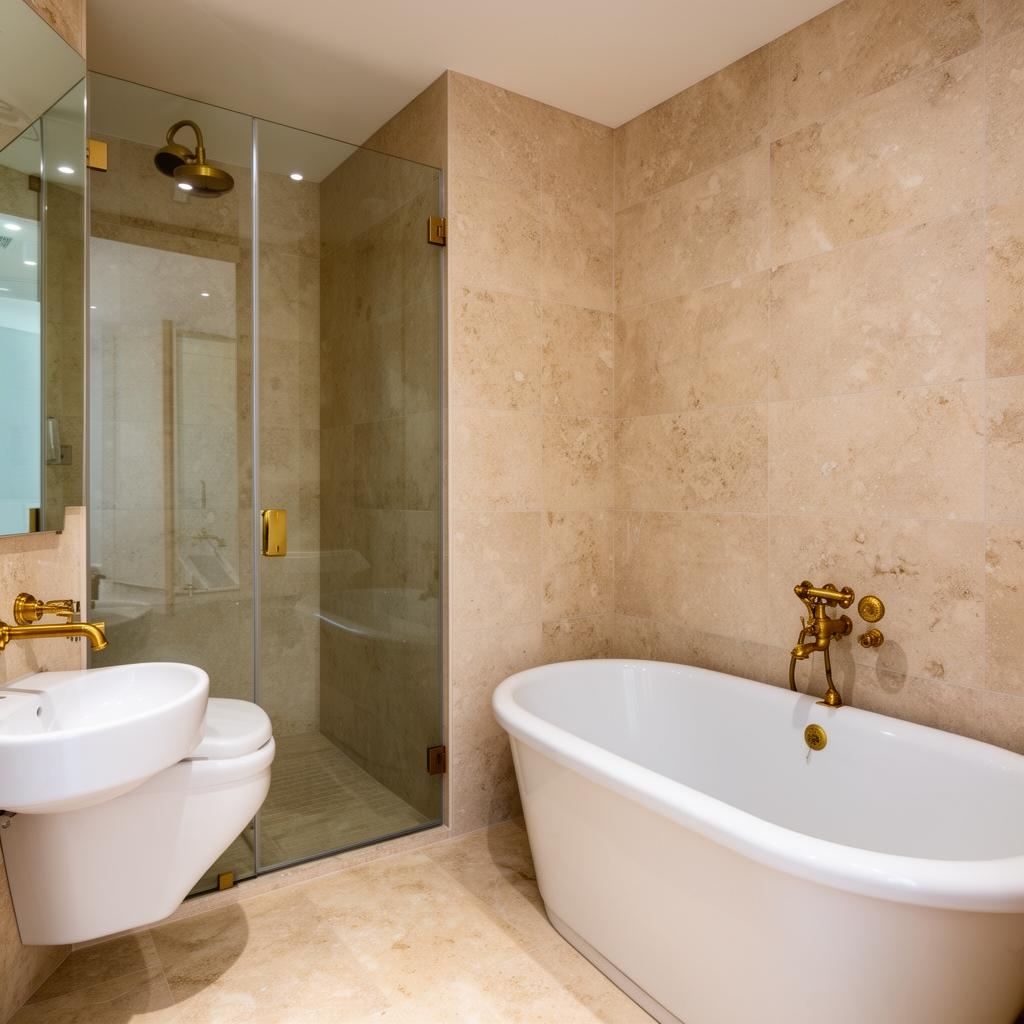 Elegant bathroom with brass fixtures and freestanding tub