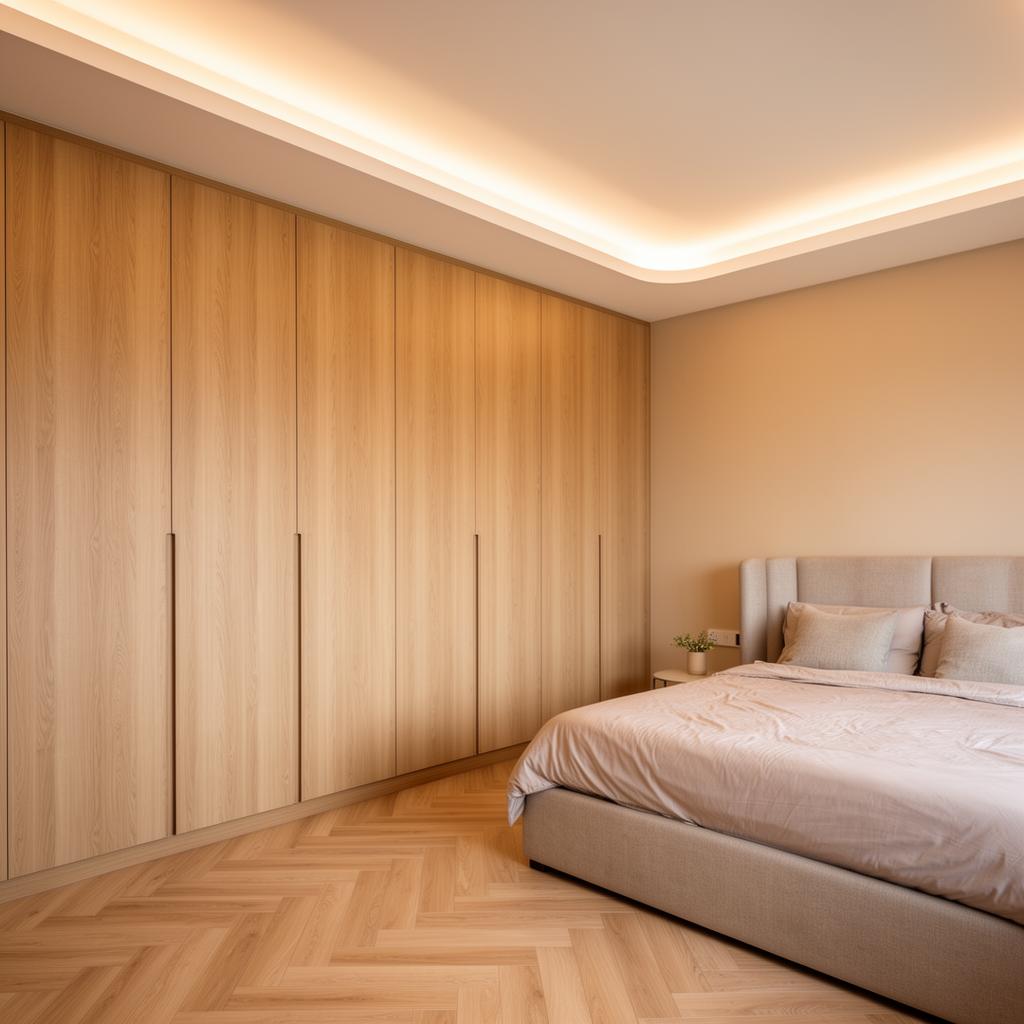 Warm bedroom with built-in wardrobe and soft cove lighting