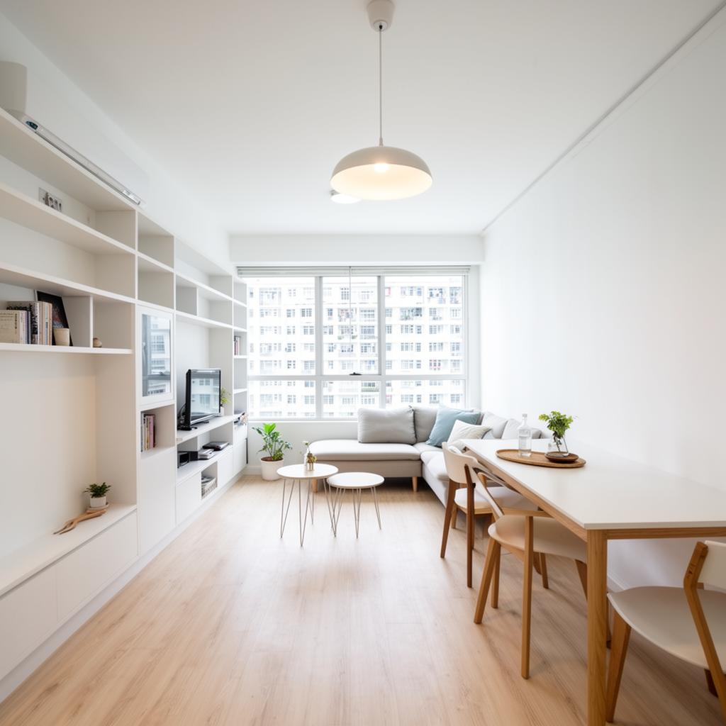 Scandinavian dining area with timber table and pendant light