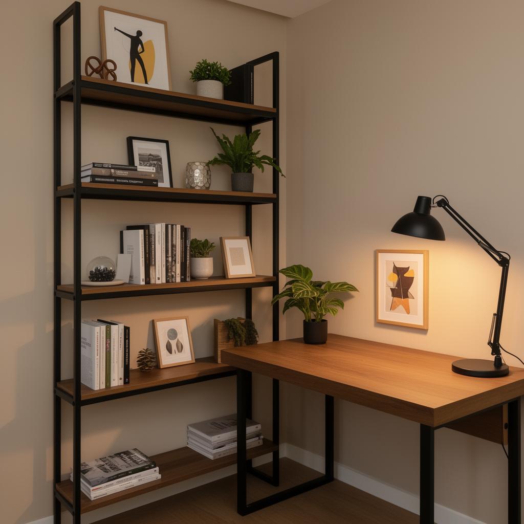 Home office corner with wood desk and open shelving